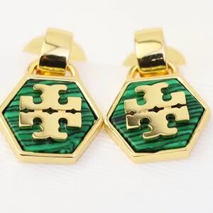 Tory Burch gold + semiprecious green kira logo drop earrings
